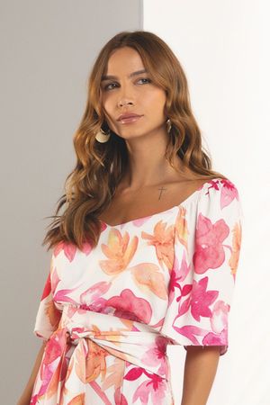 Blusa Feminina Cropped Estampada Marialícia Bege