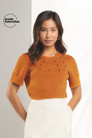 Blusa Feminina Com Aplicações Marialícia Laranja