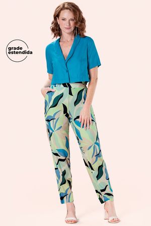 Calça Feminina Estampada Folhagens Marialícia Verde