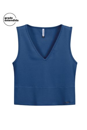 Regata Cropped Feminina Decote V Básico Marialícia Azul