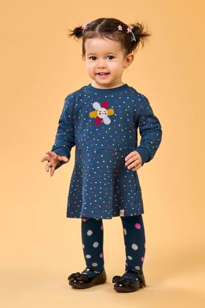 Vestido Bebê Menina Poá Com Meia-Calça Elian Azul