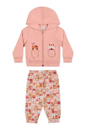 Conjunto Bebê Menina Jaqueta Com Capuz Elian Rosa