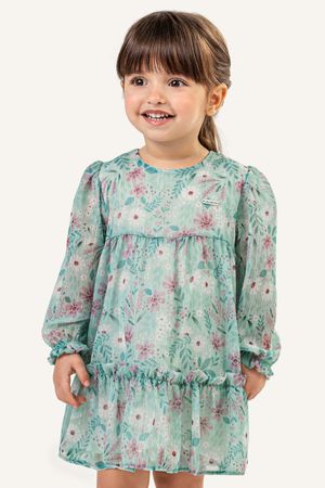 Vestido Infantil Feminino Floral Manga Longa Colorittá Verde