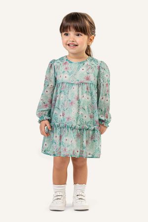 Vestido Infantil Feminino Floral Manga Longa Colorittá Verde