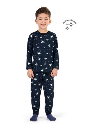 Pijama Infantil Menino Brilha no Escuro Espacial Elian Azul
