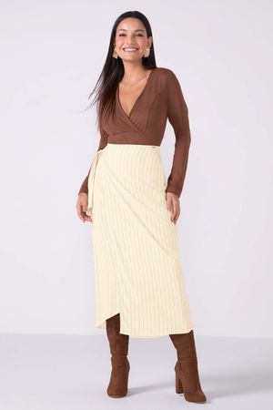 Saia Feminina Midi Transpassada Listrada Marialícia Bege