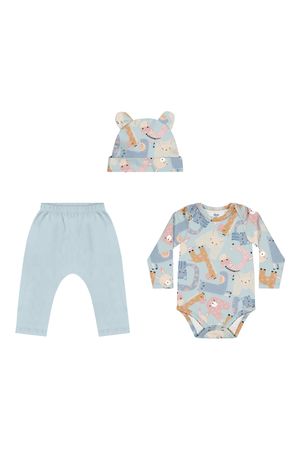 Kit Bebê Menina Estampado com Touca Elian Azul