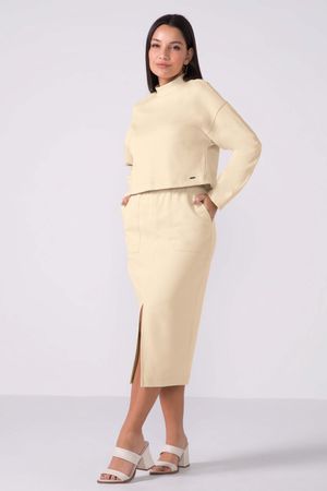 Conjunto Feminino Blusão e Saia Midi Moletom Marialícia Bege