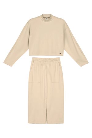 Conjunto Feminino Blusão e Saia Midi Moletom Marialícia Bege