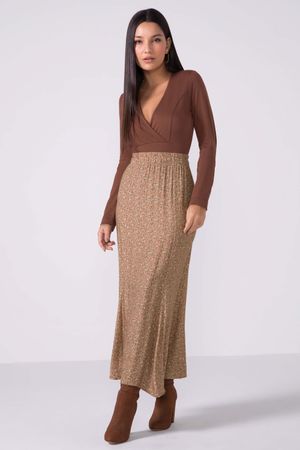 Saia Feminina Midi Floral Marialícia Marrom
