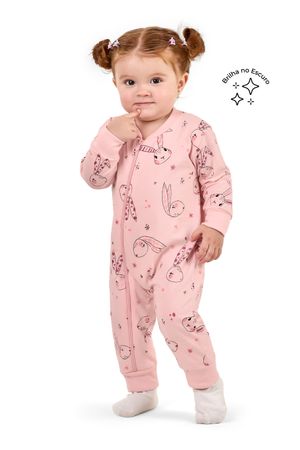 Macacão Pijama Bebê Menina Coelhinhos Elian Rosa