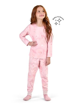 Pijama Infantil Menina Corações Brilha no Escuro Elian Rosa