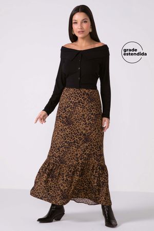Saia Feminina Midi Babado Animal Print Marialícia Marrom