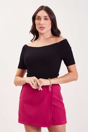 Blusa Feminina Tricô Ombro a Ombro Marialícia Preto