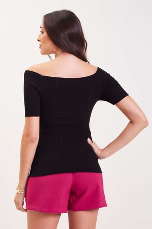 Blusa Feminina Tricô Ombro a Ombro Marialícia Preto