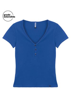 Blusa Feminina Básica Decote Botões Marialícia Azul