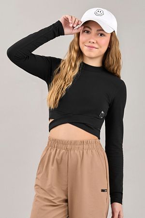 Blusa Juvenil Menina Cropped Transpasse Beats Preto