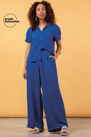 Calça Feminina Pantalona Texturizada Marialícia Azul