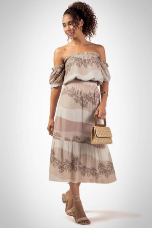 Saia Feminina Midi Estampada Marialícia Laranja