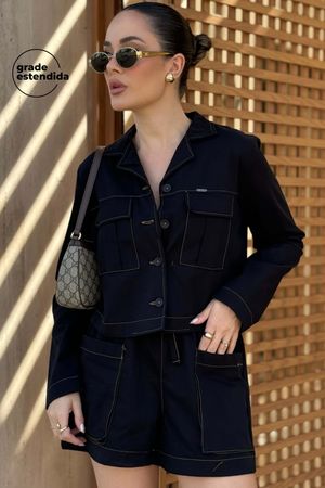 Shorts Feminino de Sarja com Cordão Marialícia Preto