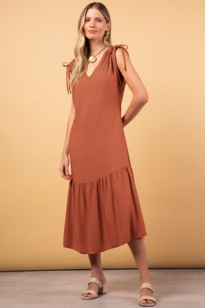 Vestido Feminino Midi Auto Ajuste Marialícia Marrom