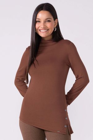 Blusa Feminina Assimétrica Com Botões Marialícia Marrom