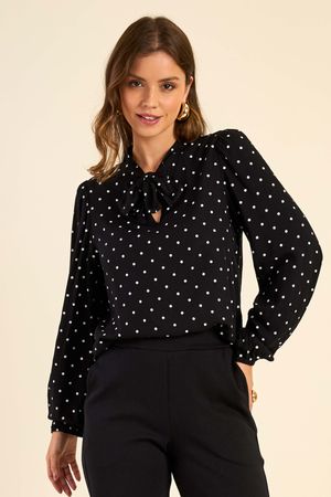 Blusa Feminina Poá Gola Laço Marialícia Preto