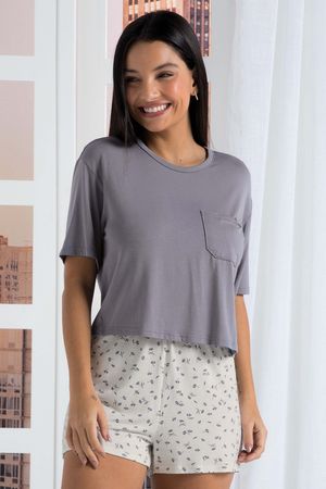Pijama Feminino Blusa e Short Floral Marialícia Cinza