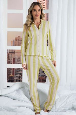 Pijama Feminino Camisa e Calça Estampados Marialícia Verde