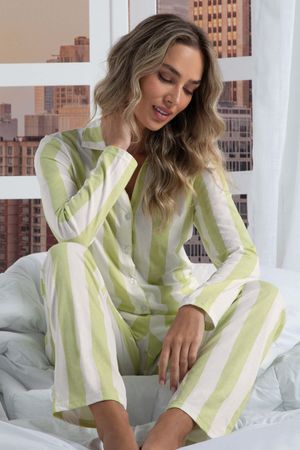 Pijama Feminino Camisa e Calça Estampados Marialícia Verde