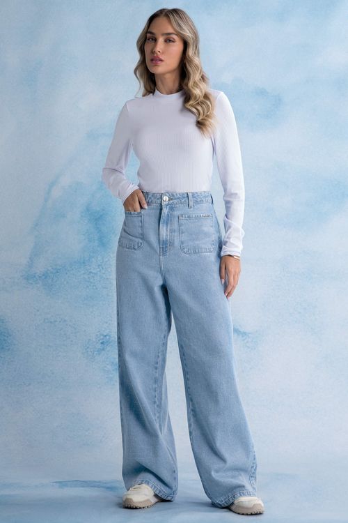Calça Feminina Jeans Wide Leg Bolsos Marialícia Azul