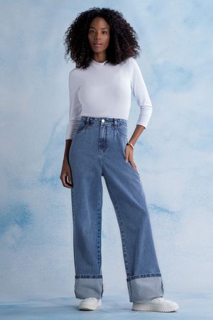 Calça Feminina Jeans Wide Leg Marialícia Azul