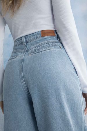 Calça Feminina Jeans Wide Leg Bolsos Marialícia Azul