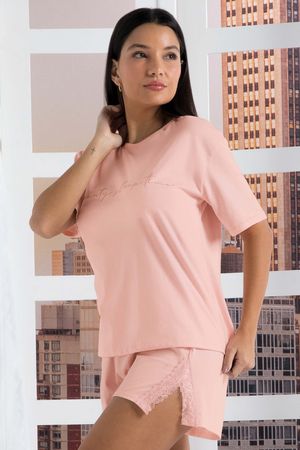 Pijama Feminino Curto com Renda Marialícia Rosa