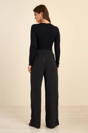 Calça Feminina Pantalona Listrada Marialícia Preto