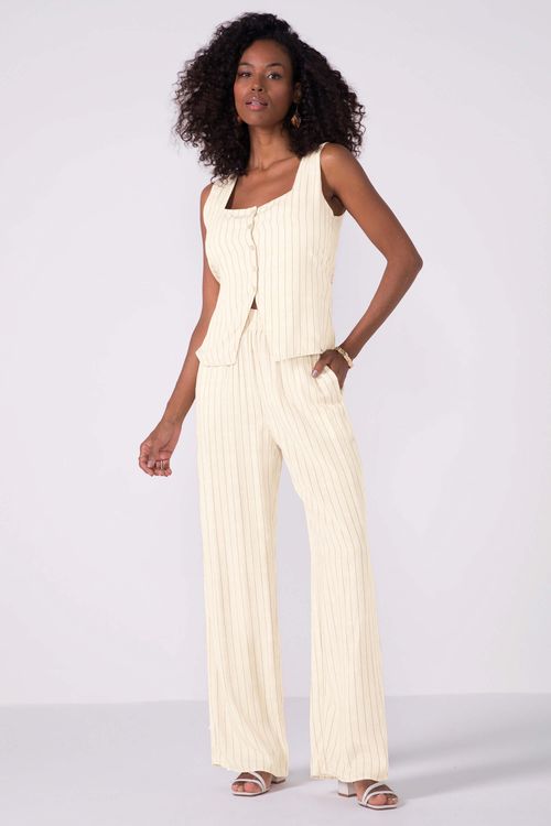 Calça Feminina Pantalona Listrada Marialícia Bege