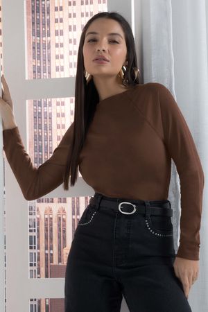 Blusa Feminina Manga Longa Suedine Marialícia Marrom