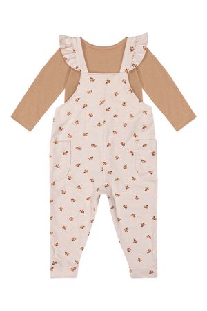 Conjunto Bebê Menina Body e Jardineira Floral Colorittá Marrom