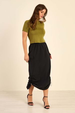 Saia Feminina Cargo Midi Ajustável Marialícia Preto