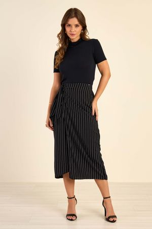 Saia Feminina Midi Transpassada Listrada Marialícia Preto