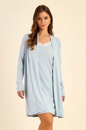 Pijama Feminino Camisola e Robe Canelado Marialícia Azul Claro
