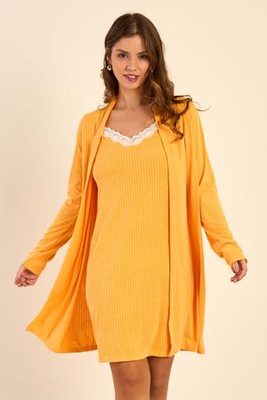 Pijama Feminino Camisola e Robe Canelado Marialícia Amarelo