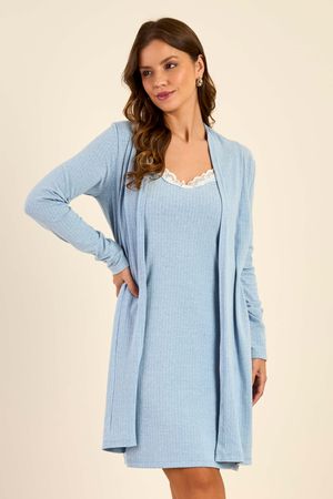 Pijama Feminino Camisola e Robe Canelado Marialícia Azul