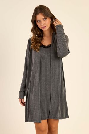 Pijama Feminino Camisola e Robe Canelado Marialícia Preto
