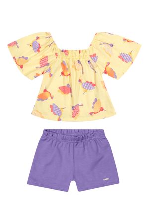 Conjunto Infantil Menina Estampa de Passarinhos Elian Amarelo