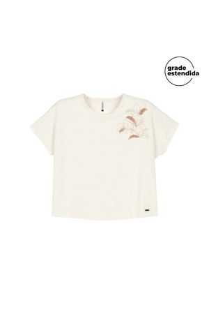 T-Shirt Feminina Bordado Folhas Marialícia Bege
