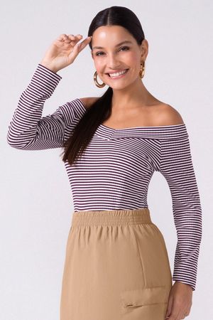 Blusa Feminina Ombro a Ombro Canelada Listras Marialícia Roxo