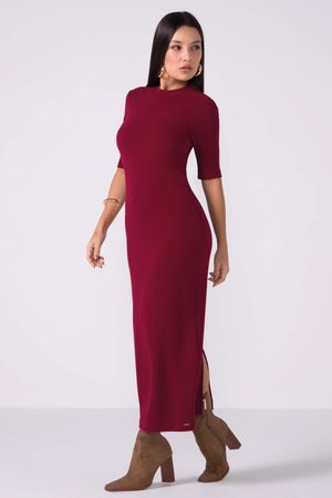 Vestido Midi Feminino Canelado Com Fenda Marialícia Vermelho