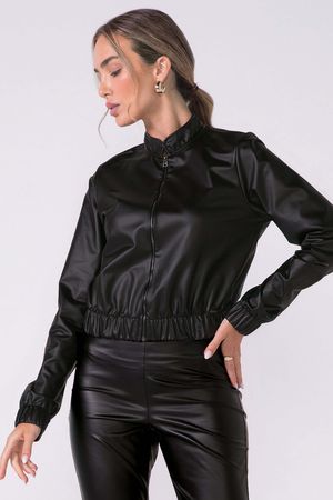 Jaqueta Feminina Resinada Com Zíper Marialícia Preto