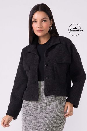 Casaco Feminino Lã Batida Com Bolsos Marialícia Preto